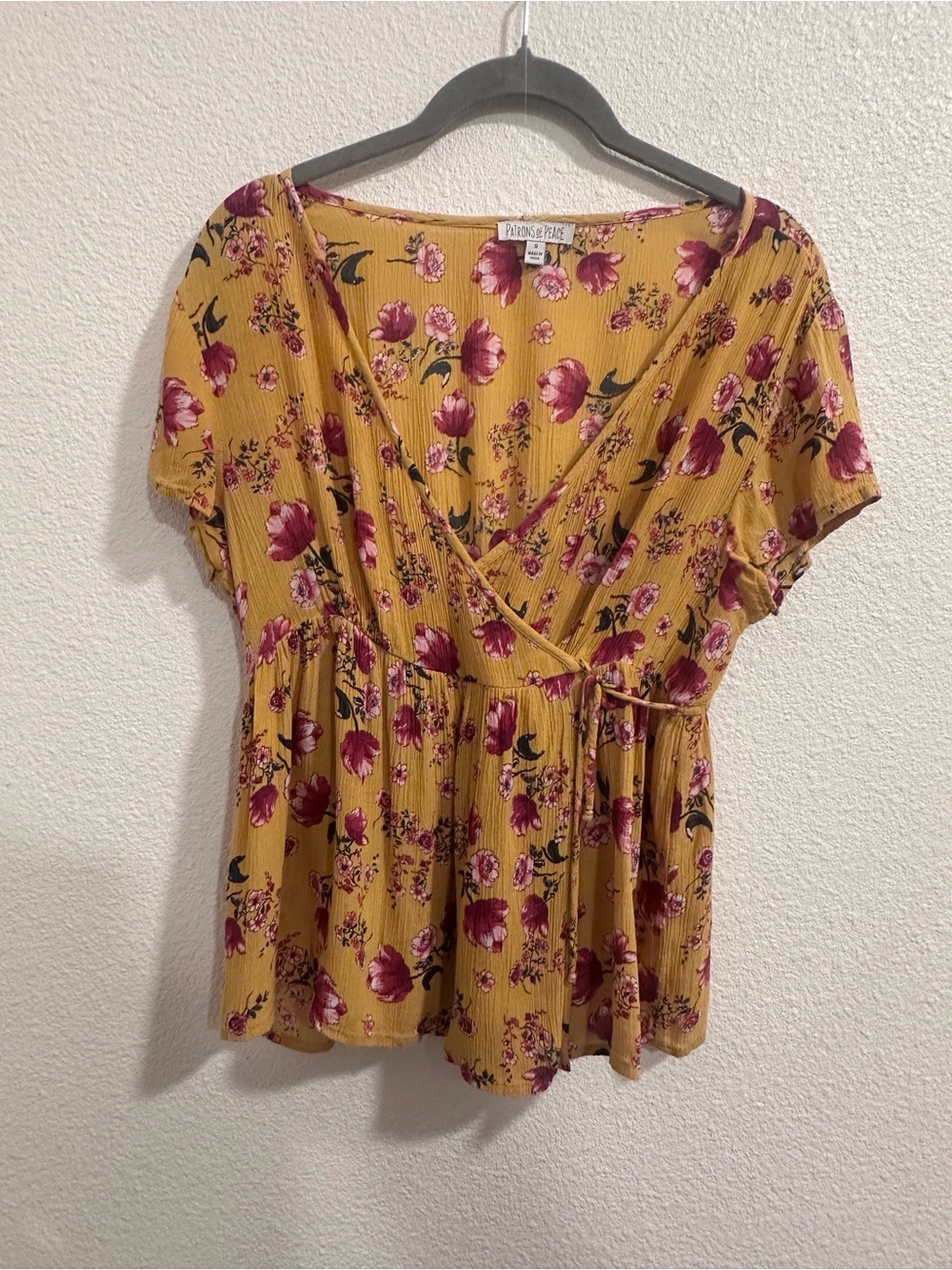 Patrons of Peace Mustard Floral Surplice Blouse with Pink Accents